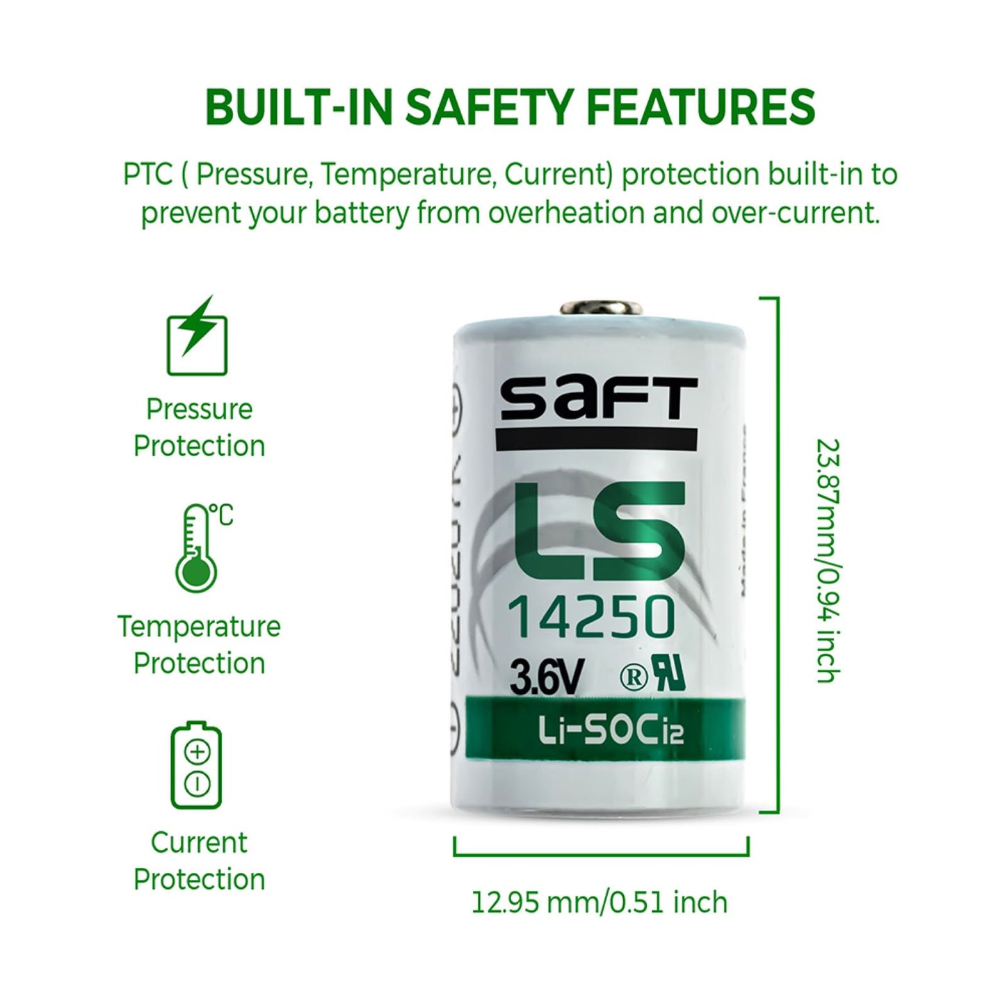 SAFT LS14250 1/2AA 3.6 Volt Lithium Battery - Per Unit