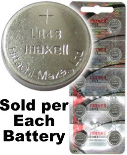 Maxell Hologram LR43 (A12, 186) Alkaline Button Size Battery, on Tear Strip. Exp. 2023
