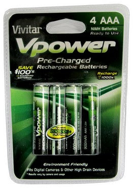 Vivitar Pre-Charged AAA Ni-MH, 1.25V, 900mAh Battery, 4-Pack AAA